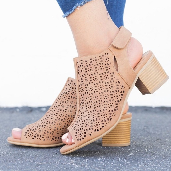 Tan Perforated Flowers Peep Toe Ankle Booties - Picture 1 of 2